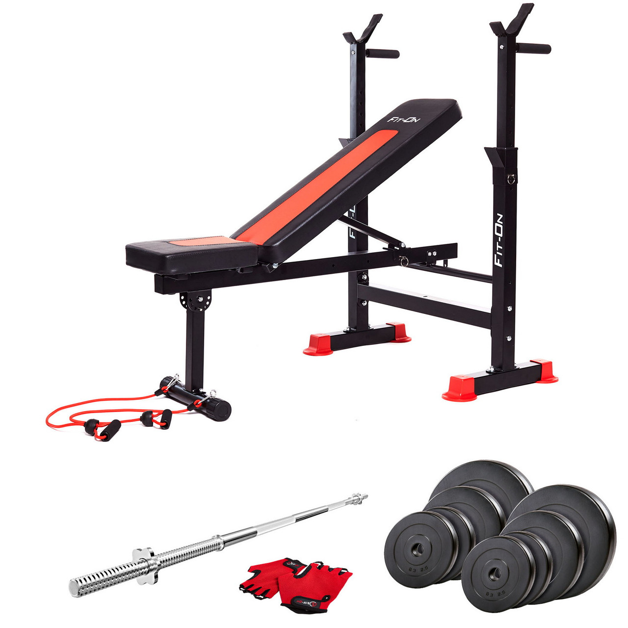 

Скамья тренировочная Fit-On FN-S101 + штанга 50кг, Черно-красный