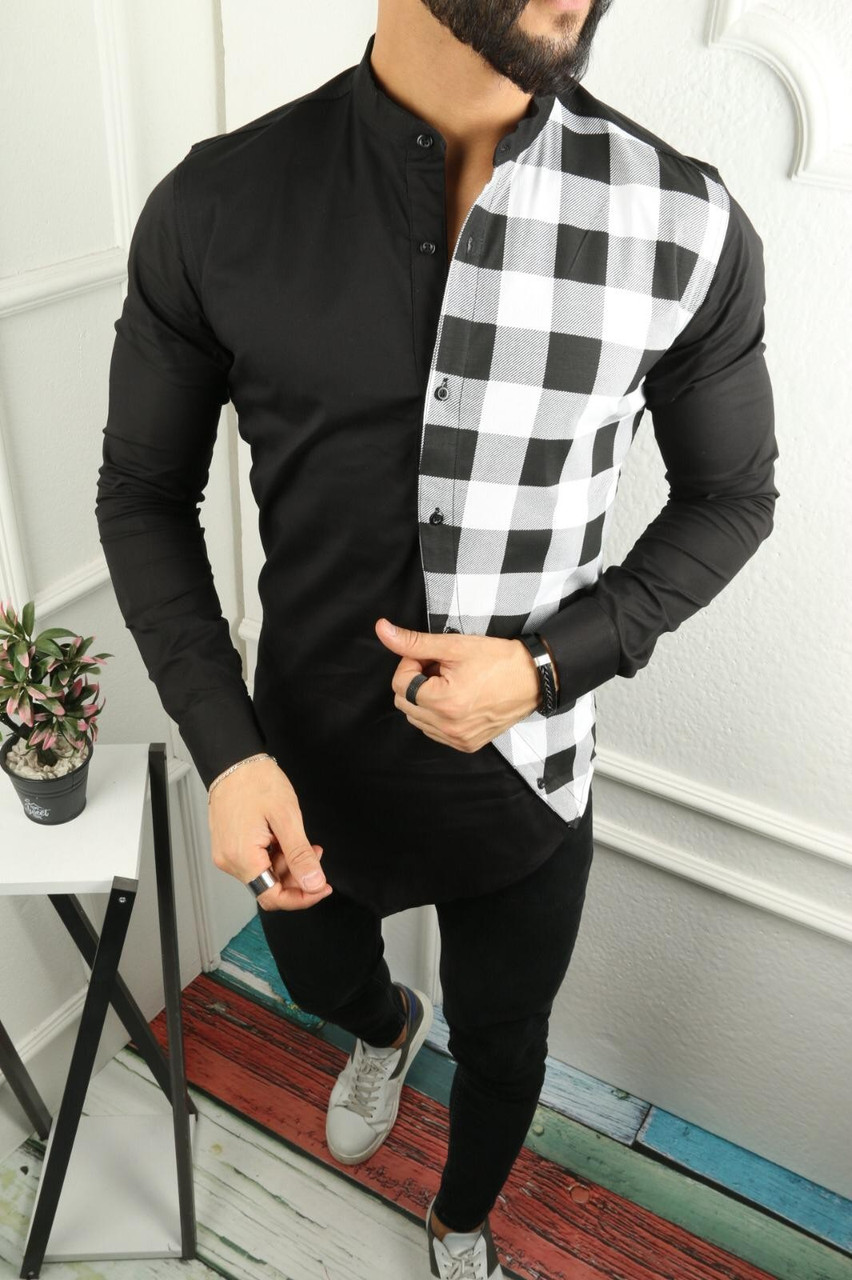 

Мужская стильная хлопковая рубашка без ворота (Чёрная). Рубашка в клеточку L, Черный