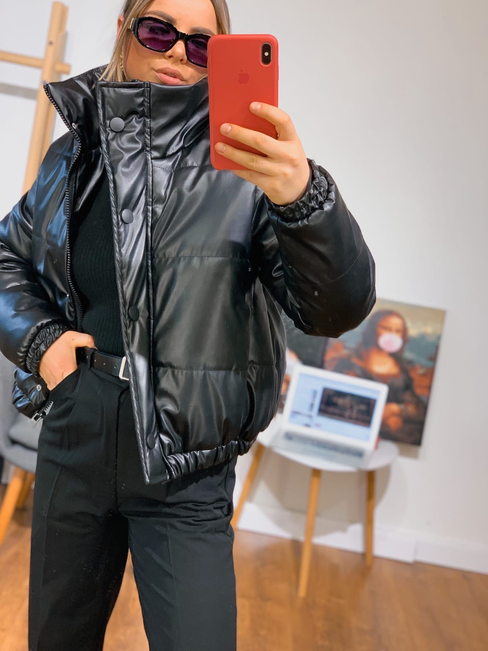 

Женская куртка объемная короткая из экокожи с воротником стойкой (р. 42-46) 3KU579, Черный
