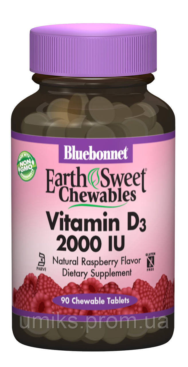

Витамин D3 2000IU, Вкус Малины, Earth Sweet Chewables, Bluebonnet Nutrition, 90 жевательных таблеток (BLB0364)