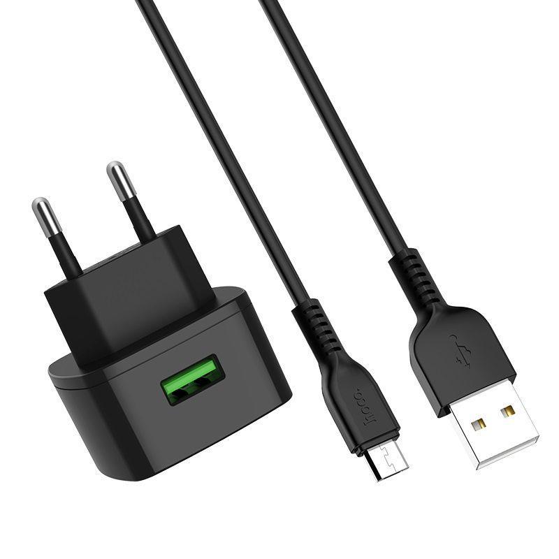 

СЗУ 1USB Hoco C70A QC 3.0 Black + USB Cable MicroUSB (3A), Черный