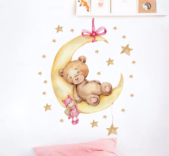 

Виниловые наклейки на стену, шкаф в детскую "мишка спит на луне" 73см*60см (лист 30*90см), Разные цвета