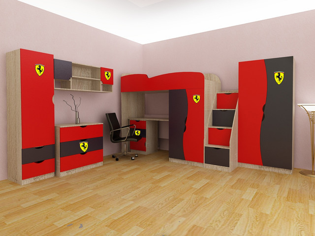 Детская комната Teenager корпус дуб сонома, фасад красный+графит + наклейка