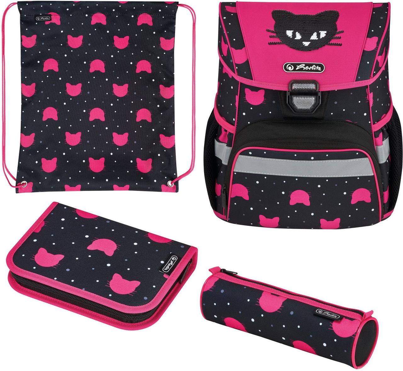 

Ранец Herlitz Loop Plus Black Cat с наполнением (2 пенала, сумка для сменной обуви), Розовый