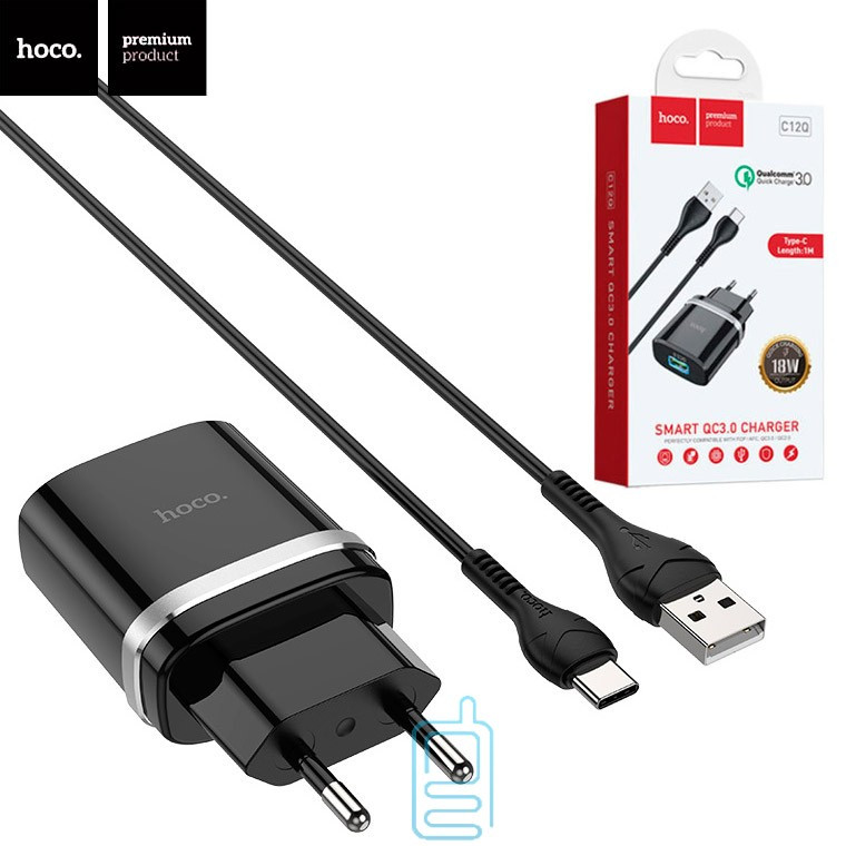 

Сетевое зарядное устройство Hoco C12Q Smart QC3.0 1USB 3A Type-C black, Черный