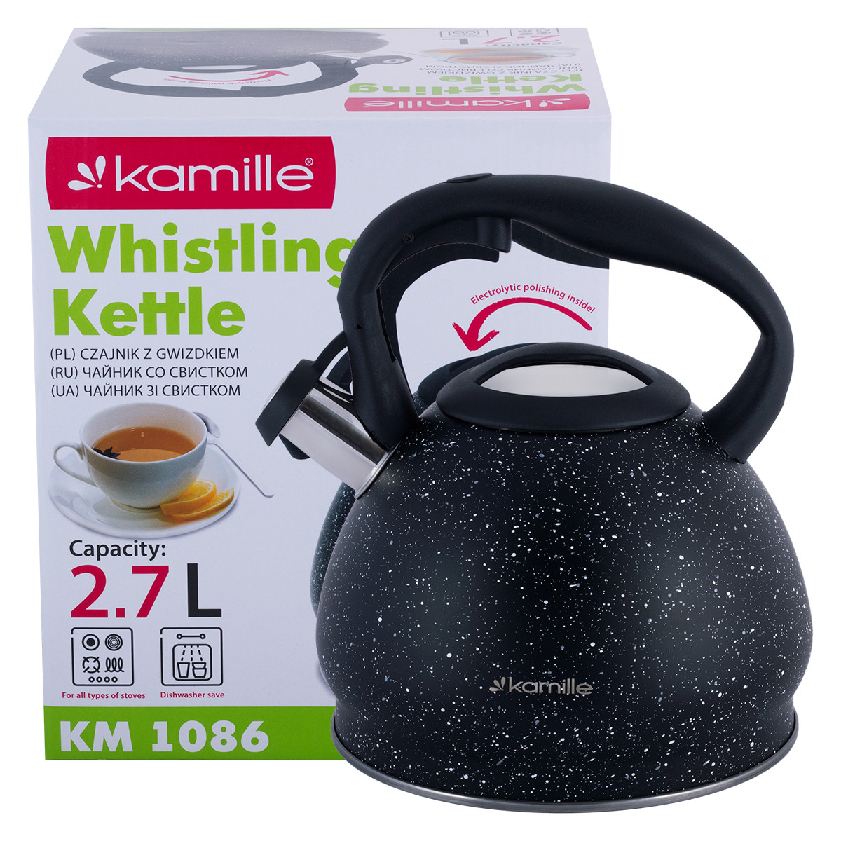 

Чайник Kamille 2,7л из нержавеющей стали со свистком и нейлоновой ручкой KM-1086, Черный