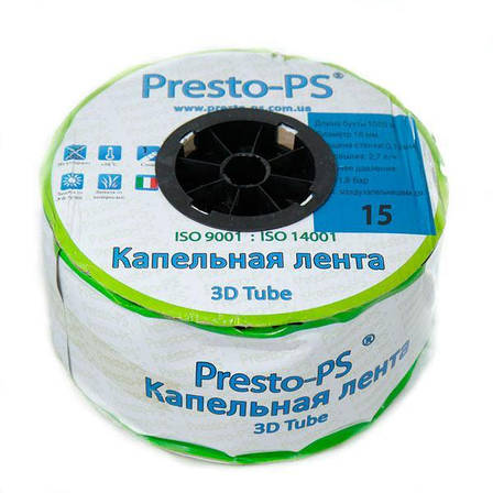 Крапельна стрічка Presto-PS эмиттерная 3D Tube крапельниці через 15 см витрата 2.7 л/год, довжина 1000 м (3D-15-1000), фото 2
