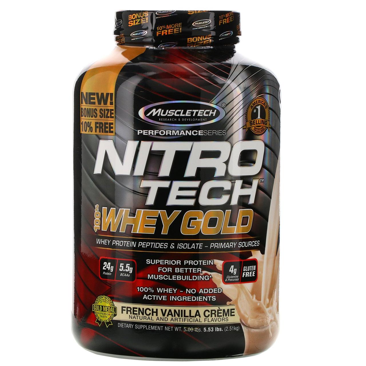 

Muscletech, Nitro Tech, 100% Whey Gold, французский ванильный крем, 5,53 фунта (2,51 кг)