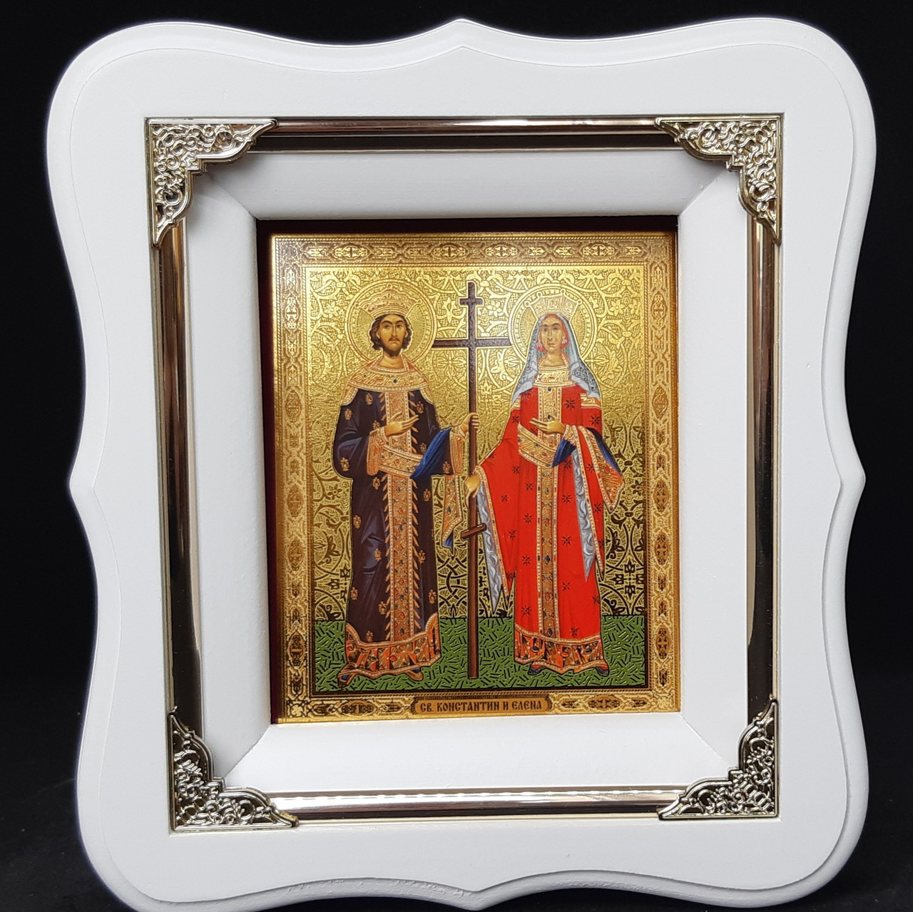 Ікона Св. Коемтантіна і Олени в білому фігурному кіоті, розмір кіота 19 * 17, лик під старовину 10 * 12 