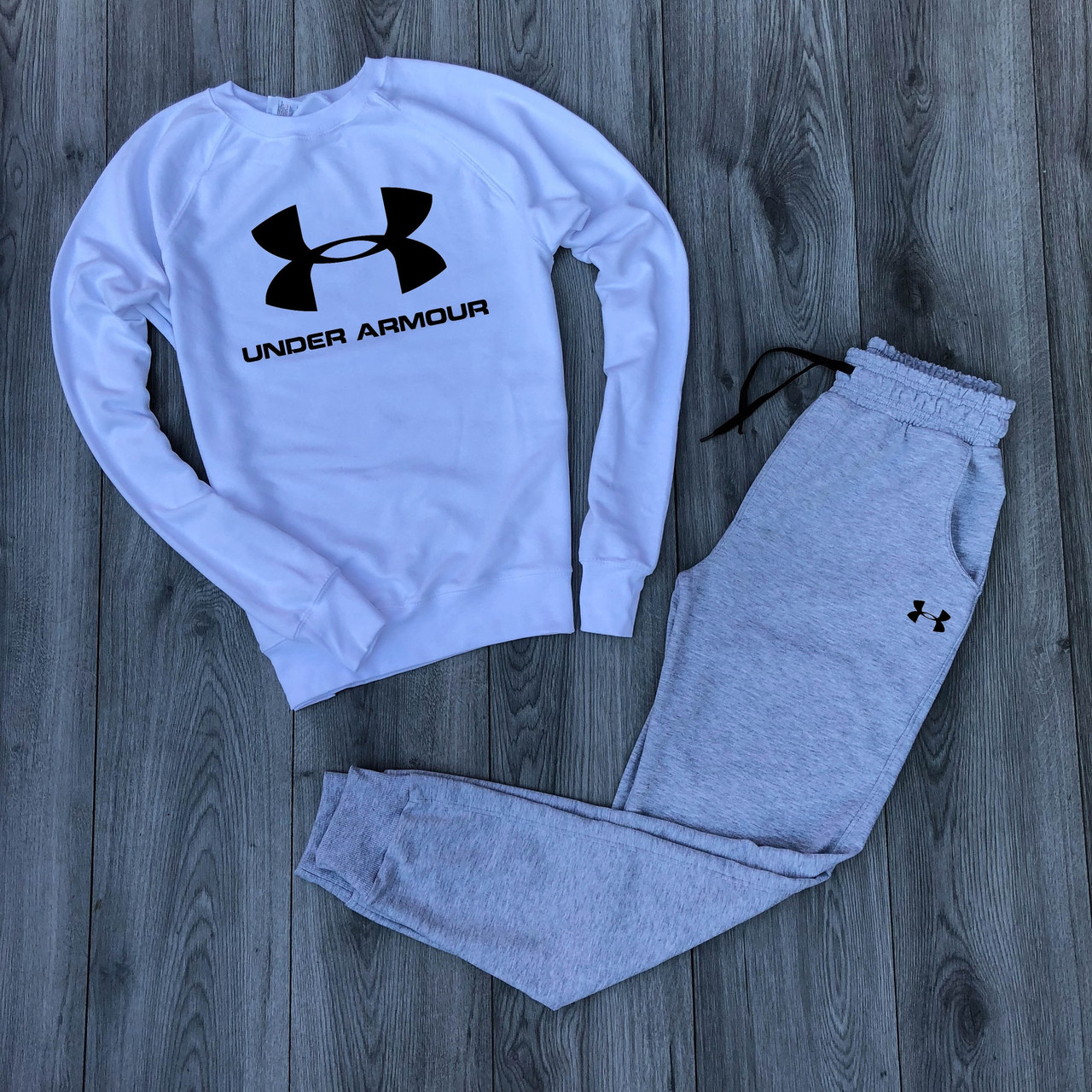 

Мужской спортивный костюм белый реглан с принтом "Under Armour" и меланжевые штаны с принтом "Under Armour", Белый с серым