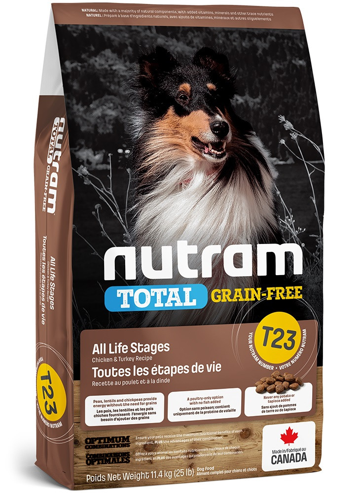 

Nutram T23 Total Grain-Free Turkey, Chicken & Duck Dog, для щенков и взрослых собак, индейка и курица, 11,4 кг