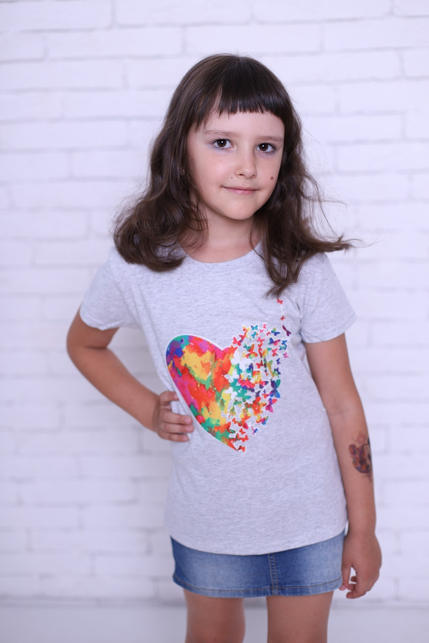 

Футболка для девочки 100% хлопок производство Марокко Quality Butterfly heart gray 104