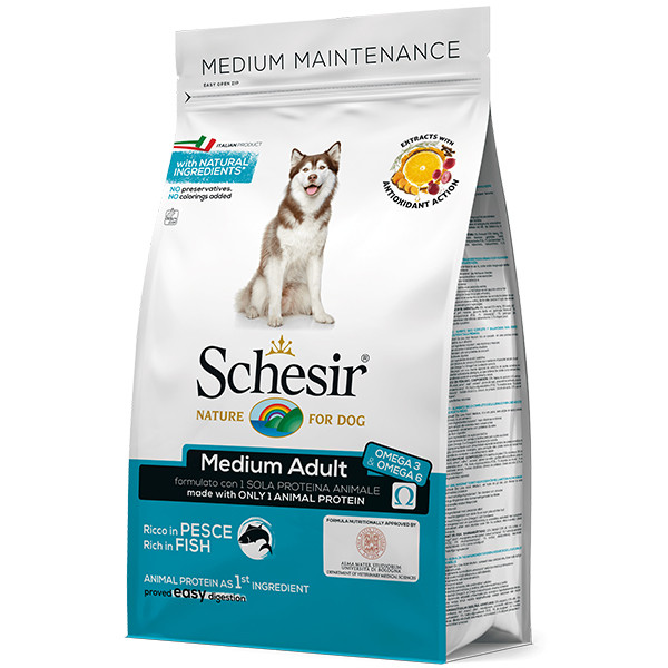 

Сухой корм Schesir Dog Medium Adult Fish для взрослых собак средних пород, с рыбой, 12 кг