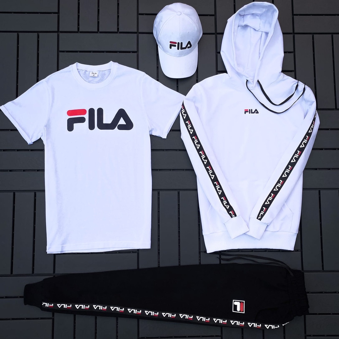 

Fila мужской белый спортивный костюм с капюшоном осень.Комплектом дешевле! 2 кофты+штаны+ кепка + футболка)