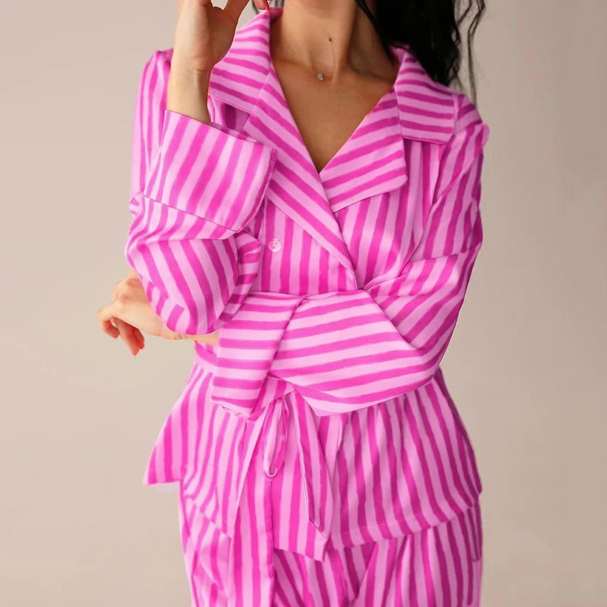 

Пижама женская шелковая в полоску в стиле Victoria's Secret. Пижама женская полосатая, р. S (розовая)