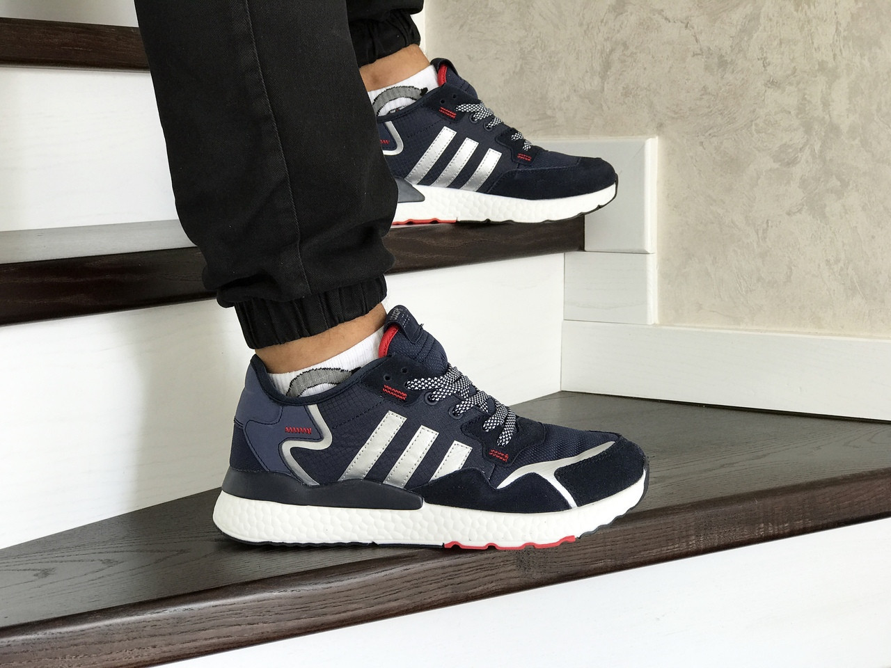 

Кроссовки мужские Adidas Nite Jogger Boost, (весна-осень, мужские, замша, текстиль, темно синие с белым )