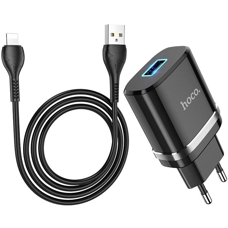 

СЗУ 1USB Hoco N1 Ardent Black + USB Cable Lightning (2.4A), Черный