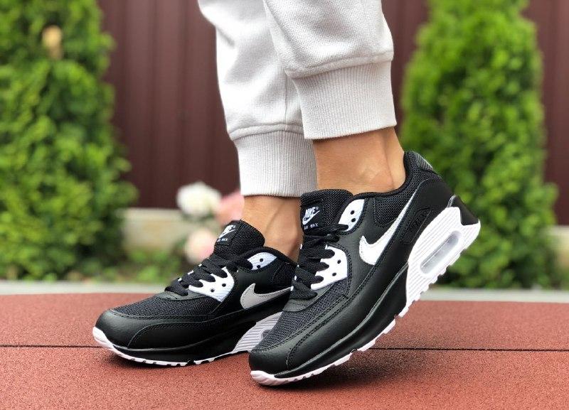 

Кроссовки Nike Air Max 90 черно/белые кожанные сетчатые/сетка найк спортивные для тренажерного зала, Черно-белый