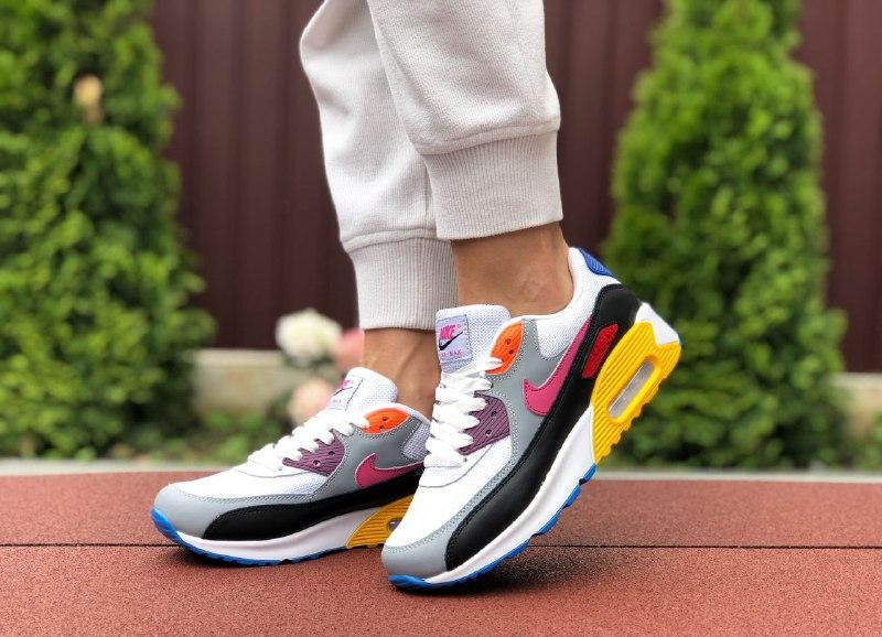 

Кроссовки Nike Air Max 90 белые с серо/жёлтым кожанные сетчатые/сетка всесезонные найк неубиваемые, Белый