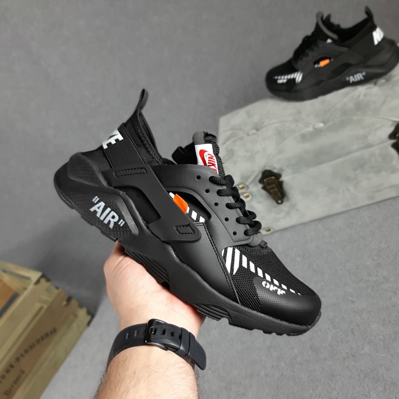

Кроссовки мужские Nike Huarache OFF White черные, Найк Хуарачи, дышащий материал, прошиты. Код OD-10405 45, Черный