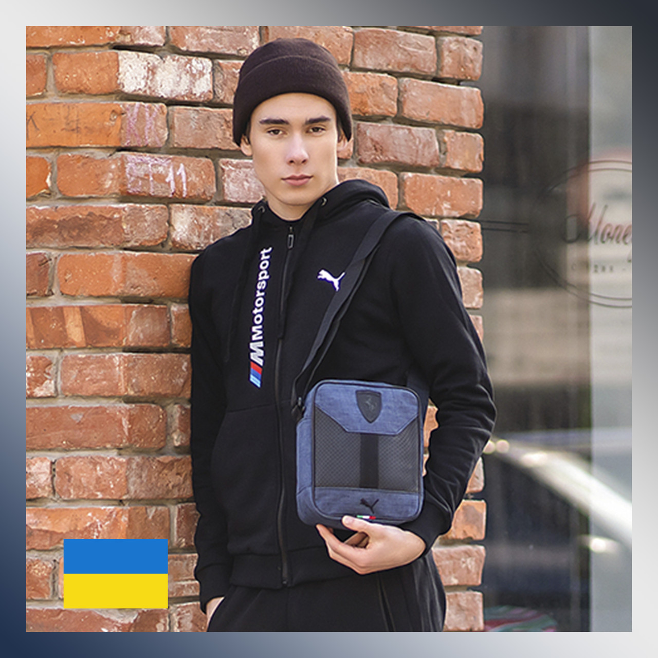 

Стильная мужская сумка Puma Ferrari Пума Ферари на через плечо текстильная вставки эко кожа спортивная синяя, Синий