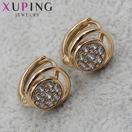 Сережки застібка-кільце жіночі золотистого кольору Xuping Jewelry квіточка в стразах 24K, фото 2