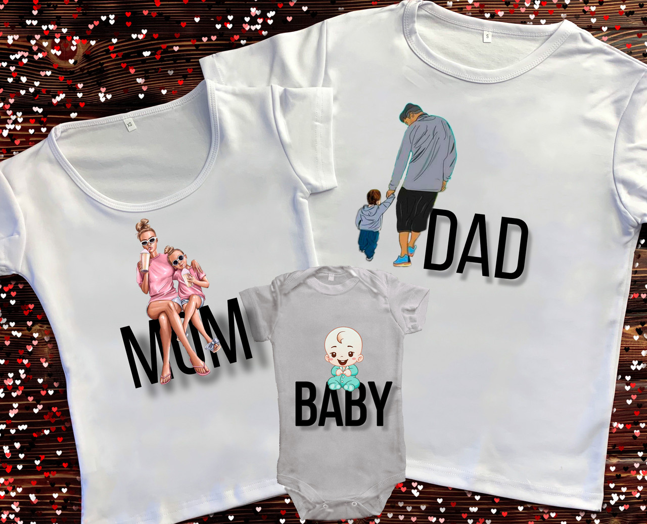 

Семейные футболки с принтом -Мама, папа, ребёнок, Белый