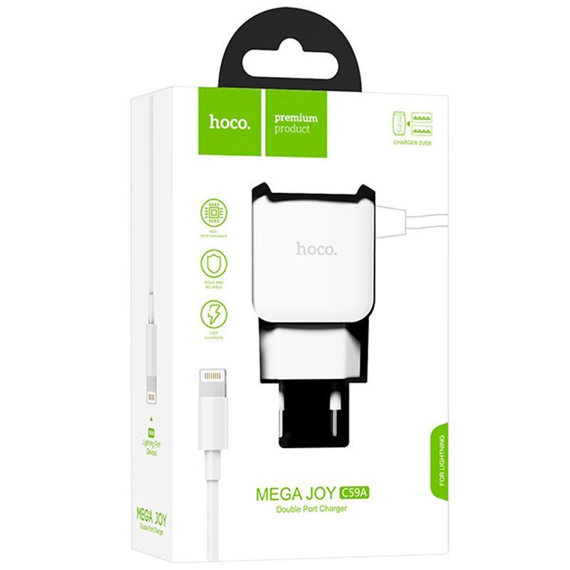 

СЗУ 2USB Hoco C59A White + USB Cable iPhone 8 (2.1A, Белый