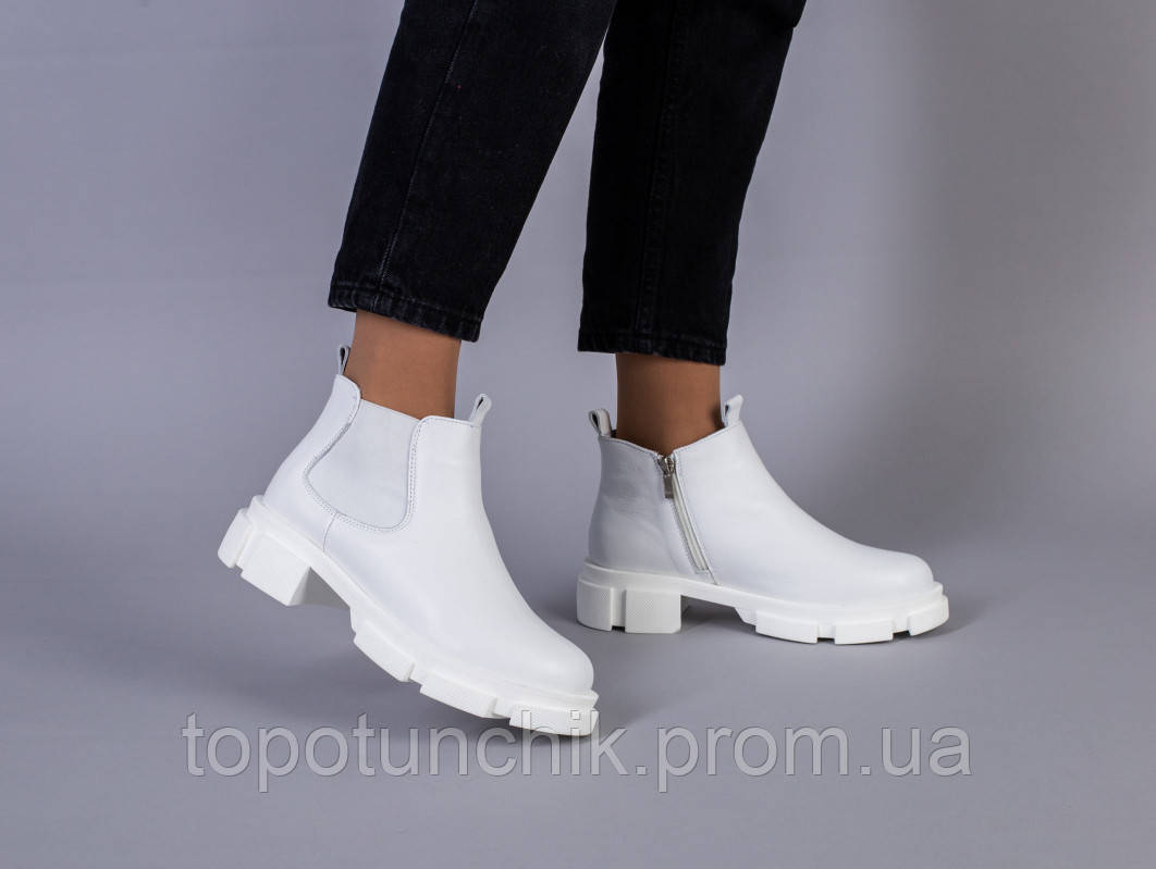 

Ботинки женские кожаные белые на резинке и с замком демисезонные, Белый
