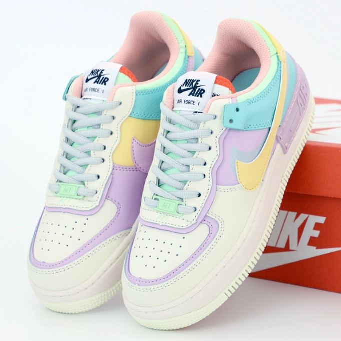 

Женские кроссовки в стиле Nike Air Force 1 Shadow, кожа, белый, фиолетовый, желтый, бирюзовый, Вьетнам 39