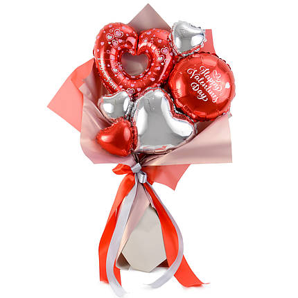 Букет из мини-фигур: сердце вензель I Love You, красный круг с надписью "Happy Valentines Day", сердце серебро, фото 2