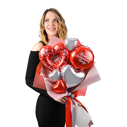 Букет из мини-фигур: сердце вензель I Love You, красный круг с надписью "Happy Valentines Day", сердце серебро, фото 2