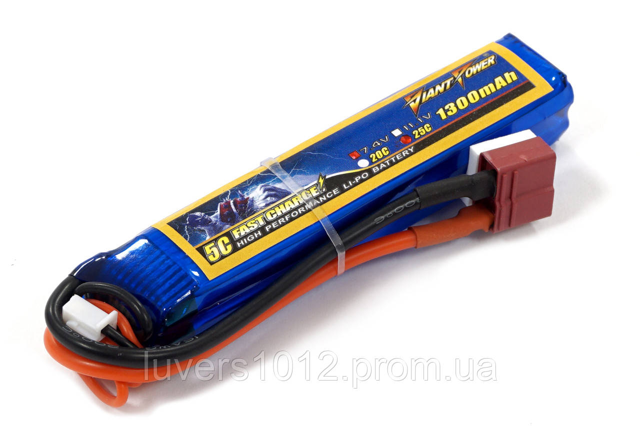 

Аккумулятор для страйкбола Giant Power (Dinogy) Li-Pol 7.4V 2S 1300mAh 25C 17х18.5х95мм T-Plug