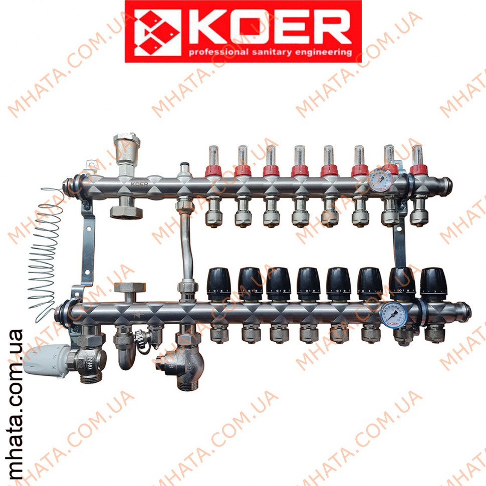 

Коллекторный узел в сборе для системы "ТЕПЛЫЙ ПОЛ" с нижним подключением KOER KR.S1012-08 на 8 выходов из