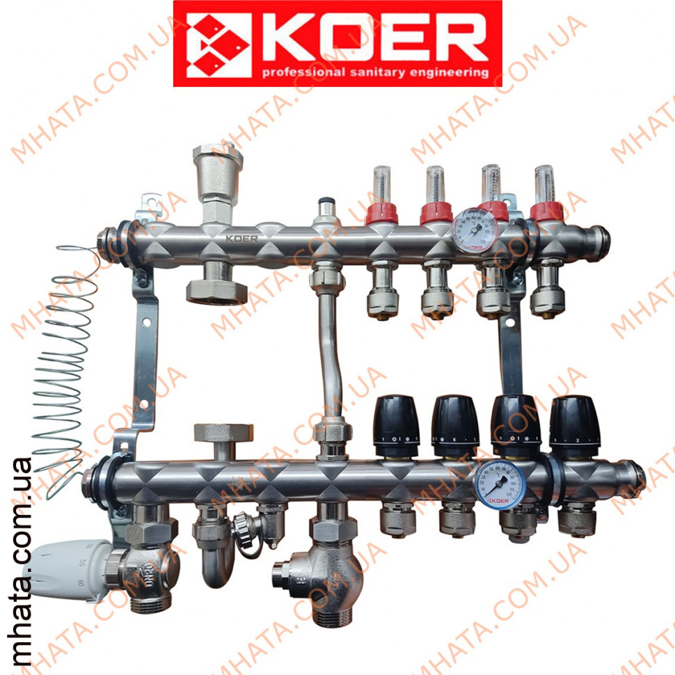

Коллекторный узел в сборе для системы "ТЕПЛЫЙ ПОЛ" с нижним подключением KOER KR.S1012-04 на 4 выхода из