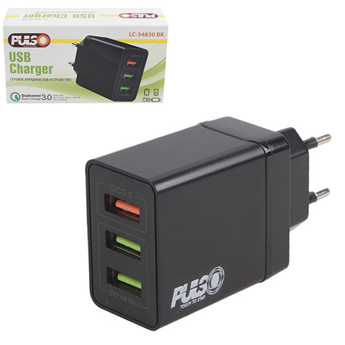 

Сетевое зарядное устройство Pulso 30W, 3 USB, QC3.0 (Port 1-5V*3A/9V*2A/12V*1.5A. Port 2/3-5V2.4A) (