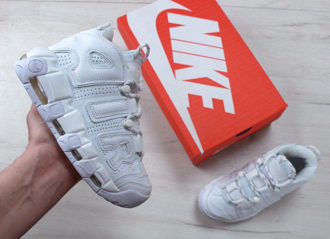 

Кроссовки Nike Air More Uptempo Triple White (Высокие белые кроссовки Найк Аптемпо женские и мужские размеры), Белый