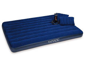 Надувной двуспальный матрас Intex с насосом и 2 подушки 152х203х22 см Синий (68765)