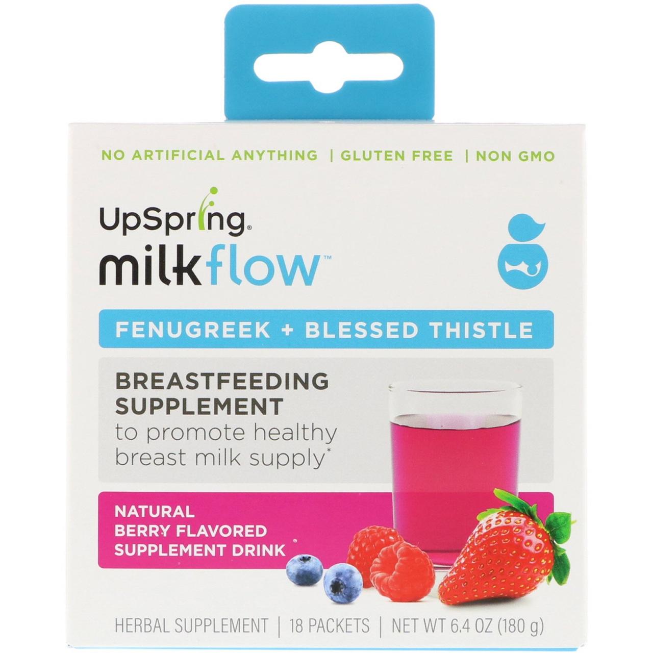 

UpSpring, Milkflow, напиток с добавлением пажитника и чертополоха, с натуральным ягодным вкусом, 18 пакетиков,