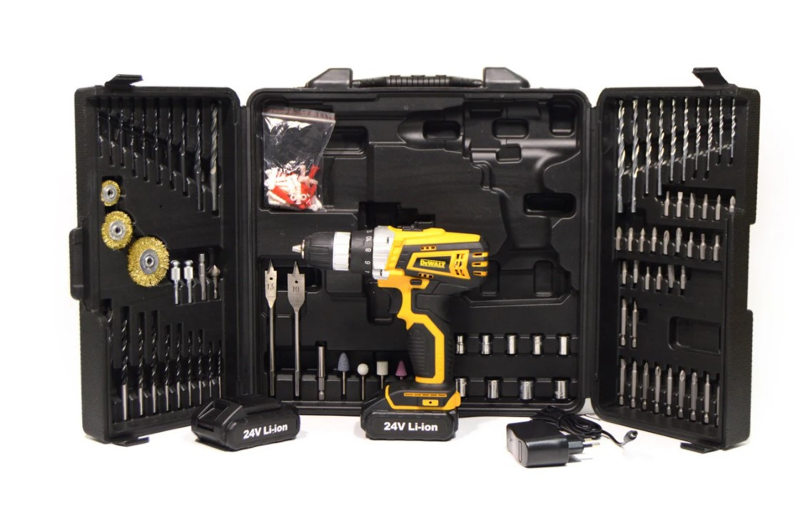 

Аккумуляторный Шуруповерт DeWALT DCD791 (24V 5A/h Li-Ion) с большим набором инструментов для сверления