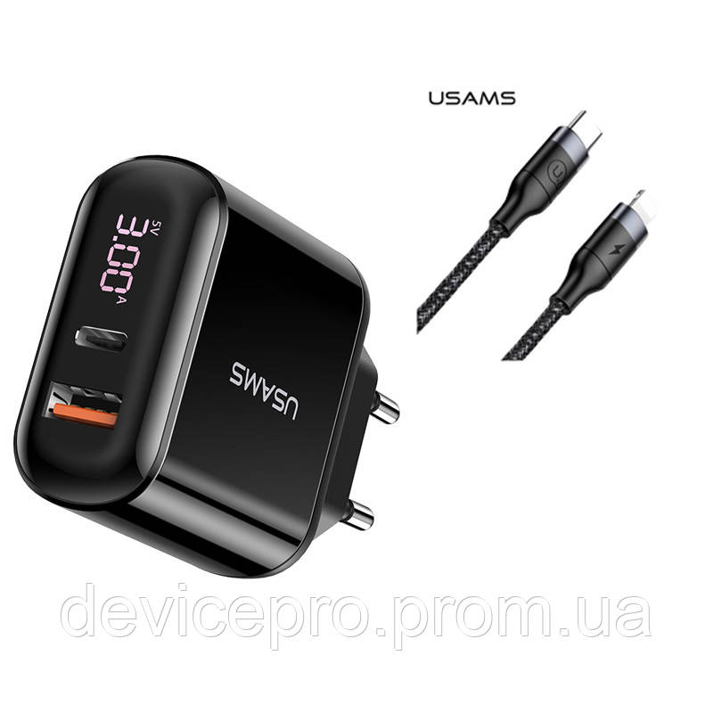 

Адаптер сетевой USAMS Digital Display Fast Charger US-CC085 T23+U31 Type-C to Lightning cable /1USB/1Type-C,