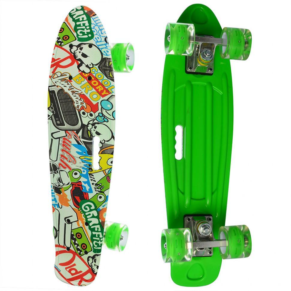 

Детский скейт Penny board Profi с рисунком 55х15 см, с подсветкой колес, зеленый