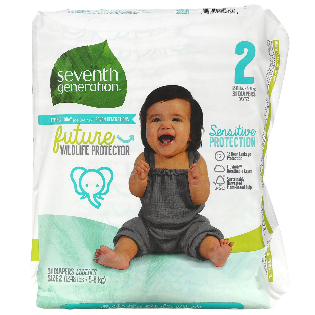 

Seventh Generation, Sensitive Protection Diapers, Size 2, 12- 18 lbs, 31 Diapers