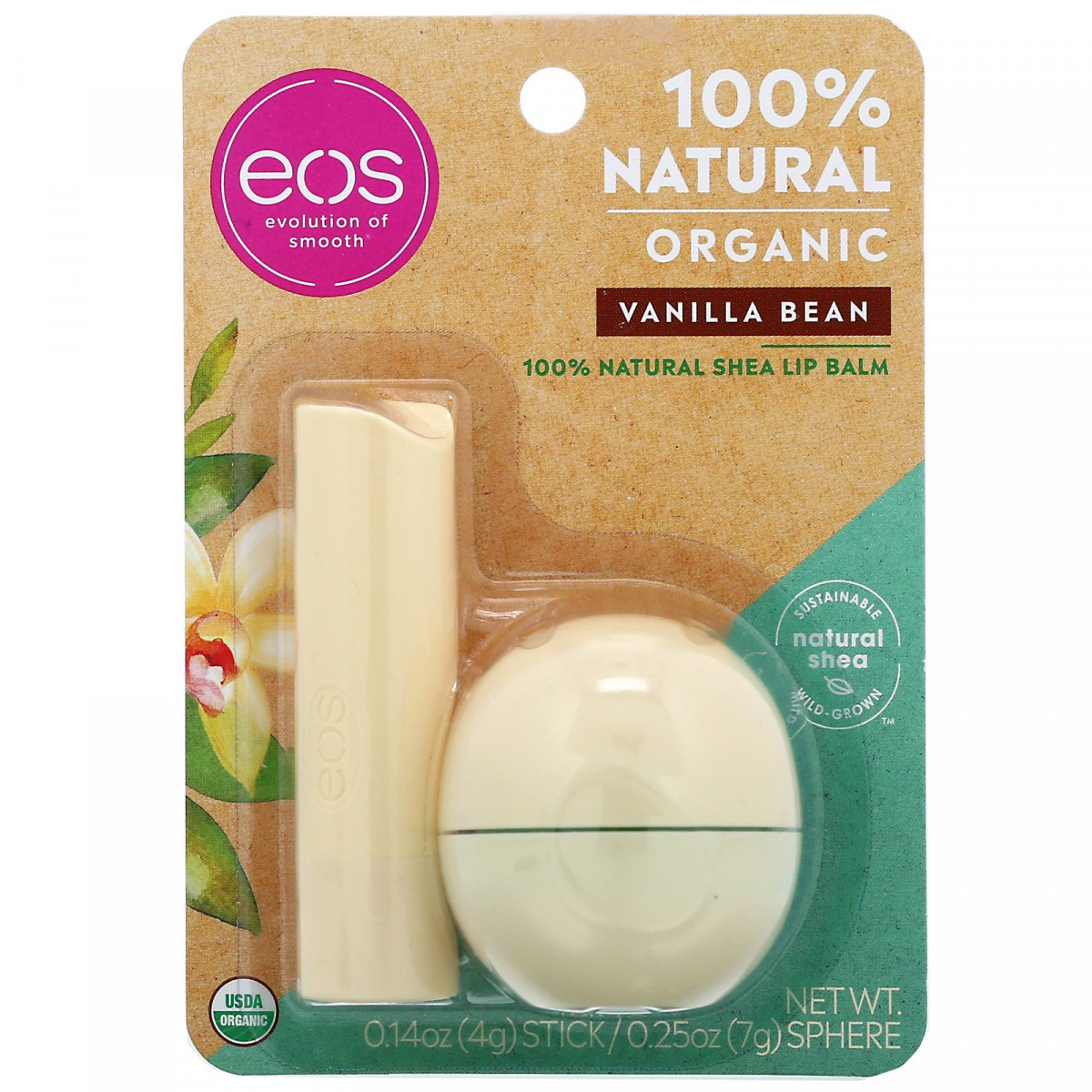 

100% натуральный бальзам для губ ши, ванильный, 100% Natural Shea Lip Balm, Vanilla Bean, EOS, 2 упаковки,