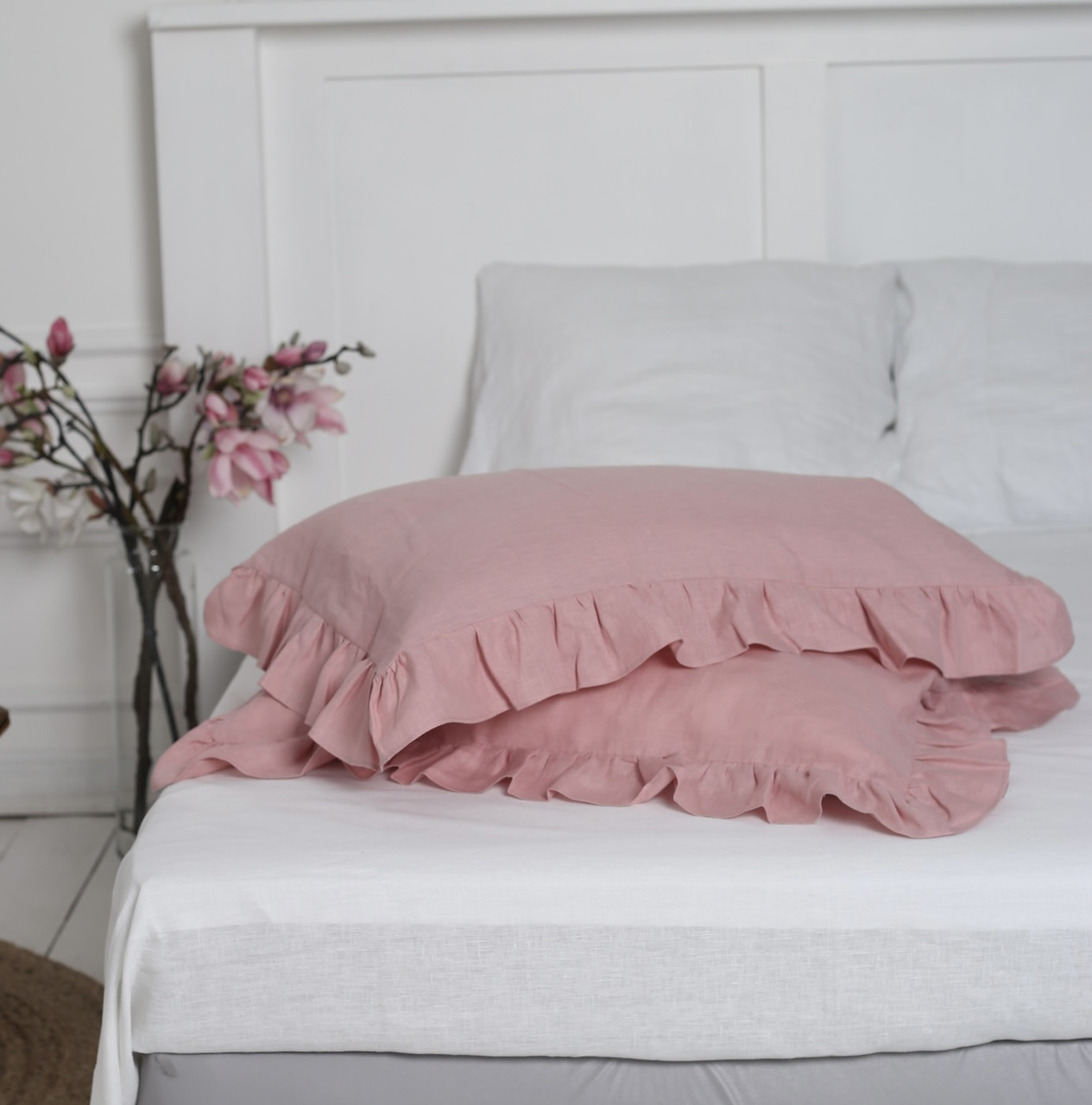 

Крафтовая льняная наволочка Luxury Linen на молнии лен з рюшами Orchid розовая 60 х 70 см, Розовый