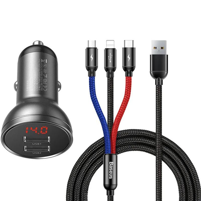 

Автомобильное зарядное устройство Baseus Digital Display 2USB 4.8A 24W 3-in-1 Cable USB 1.2M