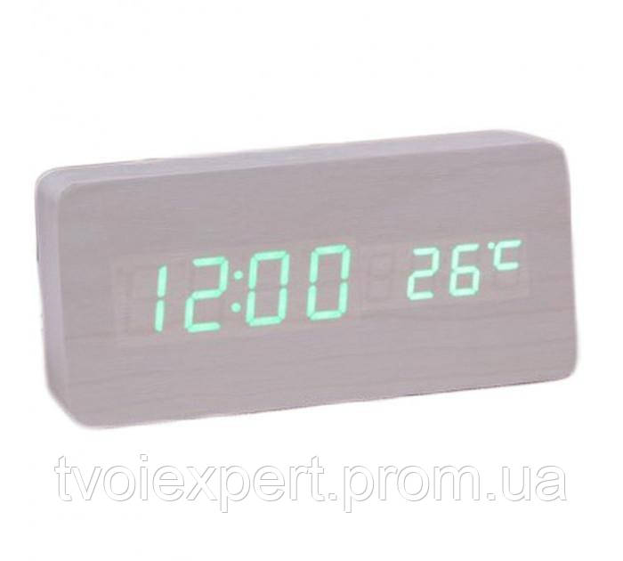 

Электронные настольные часы LED WOODEN CLOCK VST 862 прямоугольные под дерево Белые, Зелёная подсветка