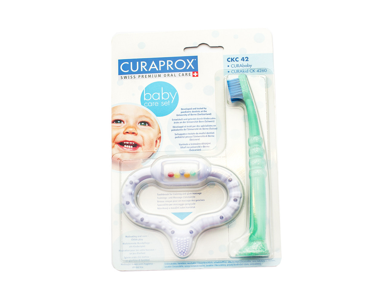 

Стимулятор для прорезывания голубой и детская зубная щетка Curaprox CKC 42 boy