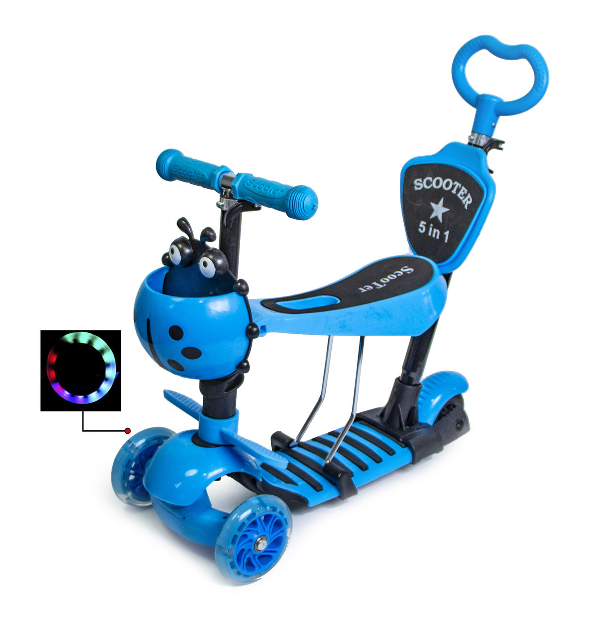 

Самокат с родительской ручкой Scooter "Божья коровка" 5 в 1 Blue, Голубой