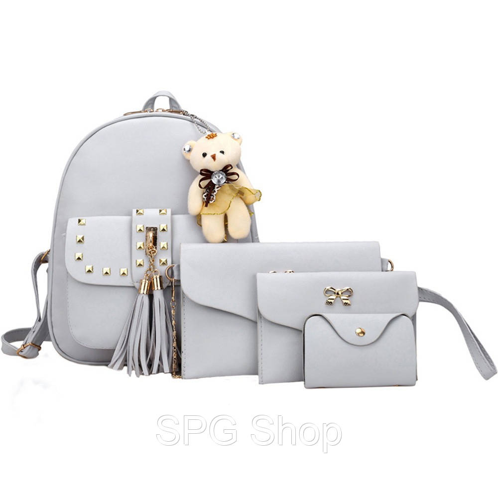 

Рюкзак женский Teddy Back Pack Bag с набором маленьких сумок и кошельком 4 в 1 Серый, Другие: золотой + серый